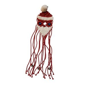 Vintage Macramé Santa Wall Hanging Decoration Pompom Jingle Bells‎ Kitschy 70's